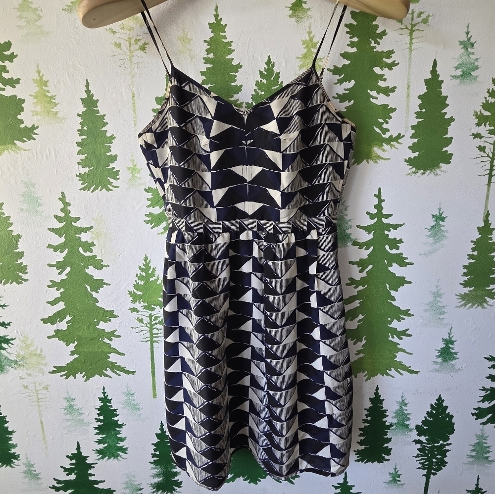 Madewell Lydia Black/Blue Triangle Trio Silk Cami Strap Dress
